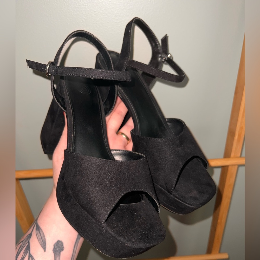 UO platform heels black suede